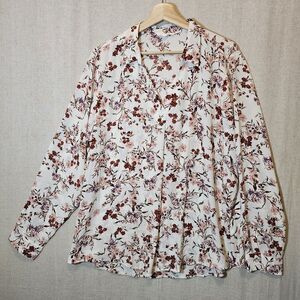 MAURICES Collared V-Neck Top Cream With Pink Floral Design Long Sleeve XXL